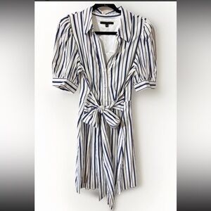 Alex Marie Whitney Linen Pearl Button Front Sash Waist Puff Sleeve Dress Sz 10P